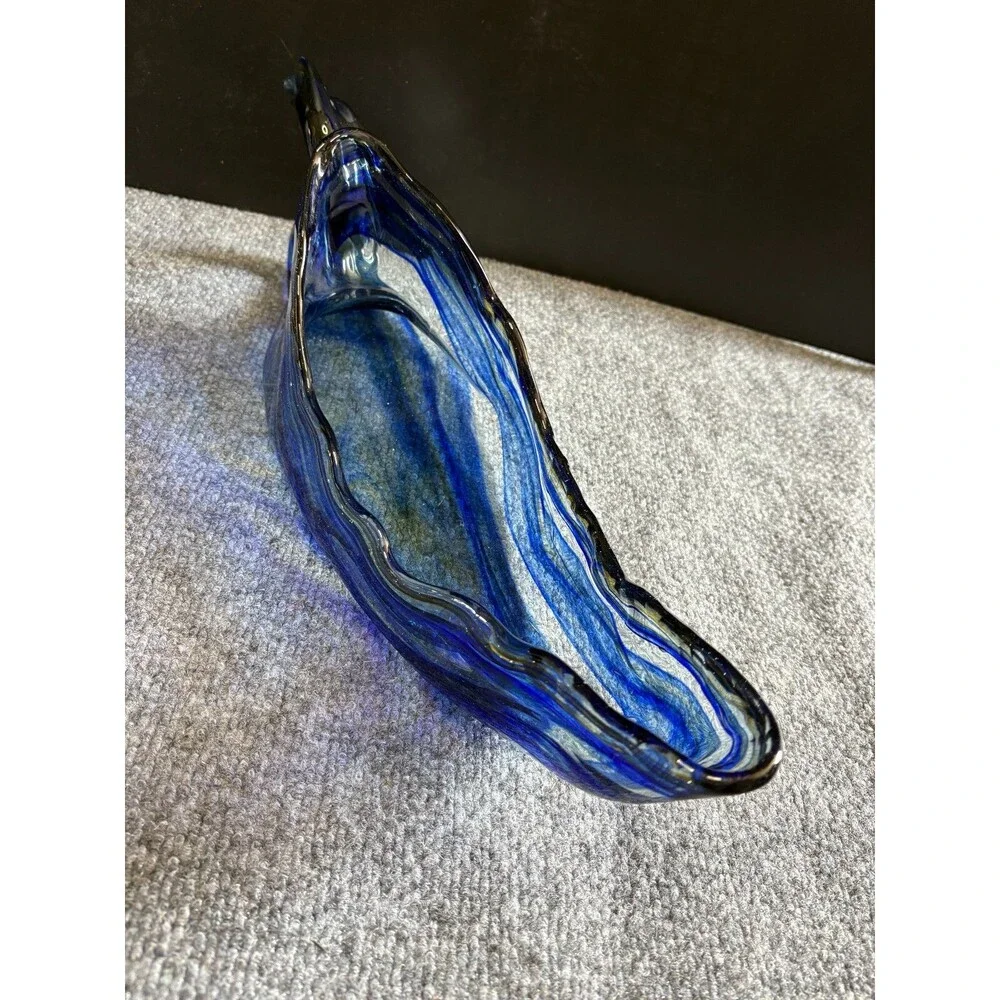 Swan Dish Bowl Vase Murano Style Hand Blown Art Glass Large Blue Vintage 18